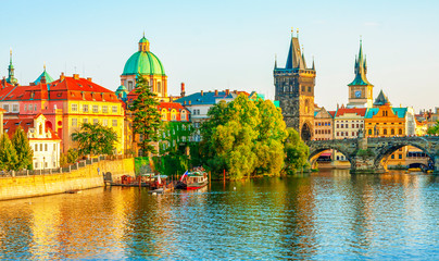 Charles Bridge and architecture of the old town in Prague, Czech republic. Vltava river. Landmarks...