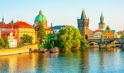 Poster Charles Bridge and architecture of the old town in Prague, Czech republic. Vltava river. Landmarks of the Prague. Old town in Prague. © Vladimir Sazonov