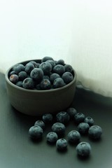 Blueberries on black plate and black background. 