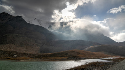 Panoramic view to lakes at Barskoon pass, river and gorge and Sarymoynak pass, Jeti-Oguz, Kyrgyzstan