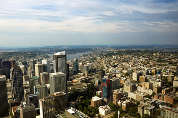 Fototapeta premium Seattle, USA, August 31, 2018: Seattle Cityscape Aerial Panoramic View.