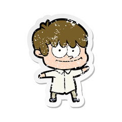 distressed sticker of a happy cartoon man