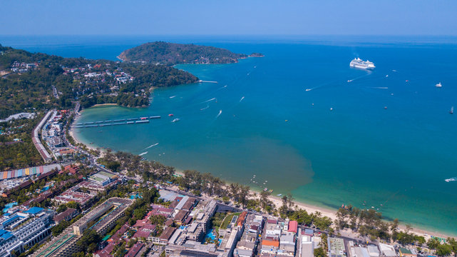 Aerial view on the sand beach line at Patong beach area - Phuket island,Thailand