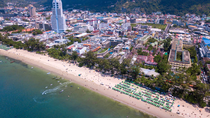 Aerial view on the sand beach line at Patong beach area - Phuket island,Thailand