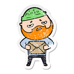 distressed sticker of a cartoon worried man with beard