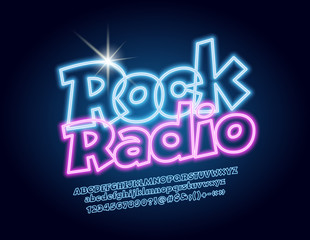 Vector glowing emblem Rock Radio with Neon Font. Blue lighting Alphabet Letters, Numbers and Symbols