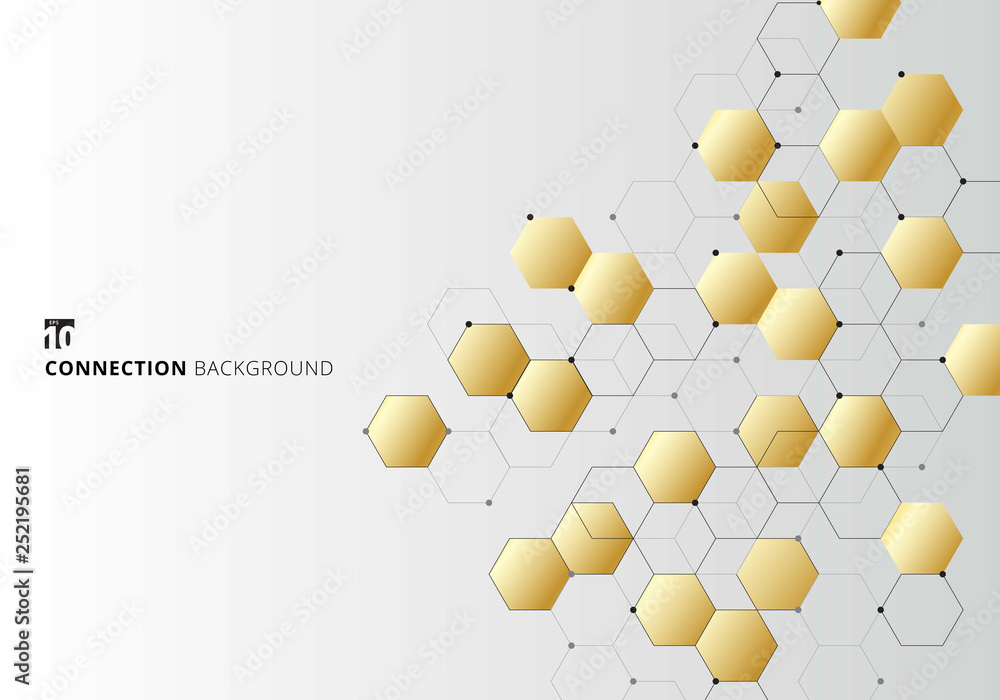 Poster abstract gold hexagons with nodes digital geometric with black lines and dots on white background. t