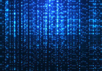 Abstract matrix technology blue magic sparkling glitter particles lines on dark background.