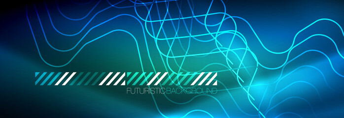 Neon glowing techno lines, hi-tech futuristic abstract background template with square shapes