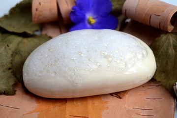 White soap lies on the bark of birch. Personal hygiene products.
