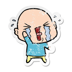 distressed sticker of a cartoon crying bald man