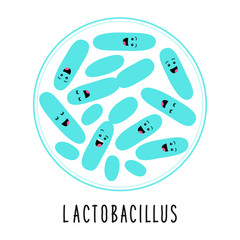 Funny probiotics bacteria lactobacillus family cartoon characters isolated on white, microbiom in flat style