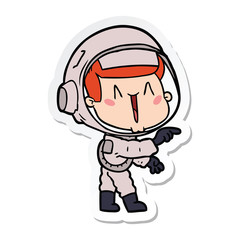sticker of a happy cartoon astronaut pointing
