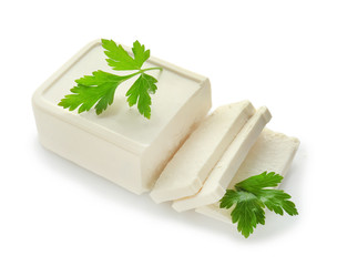 Tasty feta cheese on white background