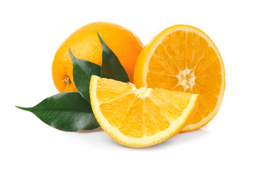 Fresh ripe oranges on white background
