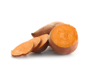 Raw cut sweet potato on white background