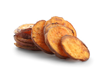 Tasty sweet potato chips on white background