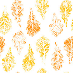 Seamless vector pattern, leaf imprints, autumn colors, natural textures, transparent backdrop