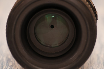 Close-up, macro, camera lens, view from the front