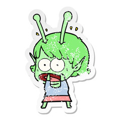 distressed sticker of a cartoon shocked alien girl