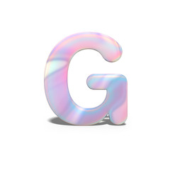Abstract 3d capital letter G in bright holographic design. Realistic shiny alphabet on neon blue pink font, isolated white background. 3d rendering