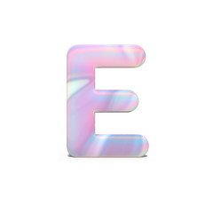 Abstract 3d capital letter E in bright holographic design. Realistic shiny alphabet on neon blue pink font, isolated white background. 3d rendering