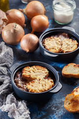Delicious onion soup with croutons and cheese