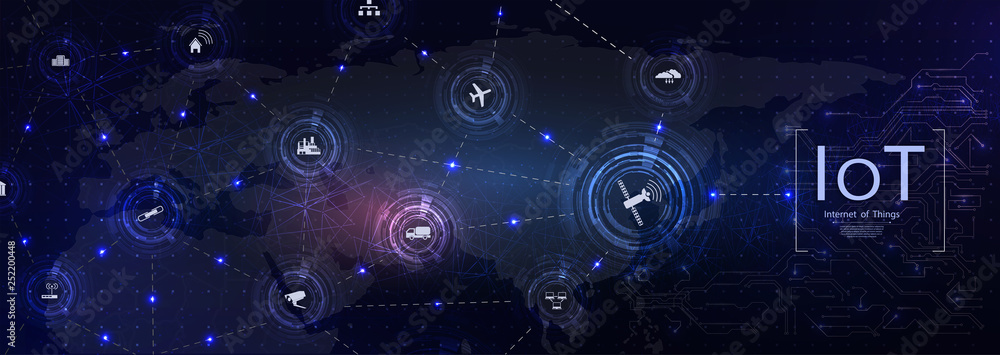 Poster internet of things (iot) and networking concept for connected devices. spider web of network connect