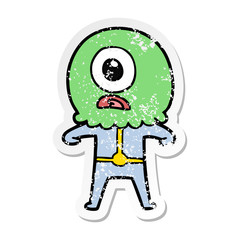 distressed sticker of a cartoon cyclops alien spaceman