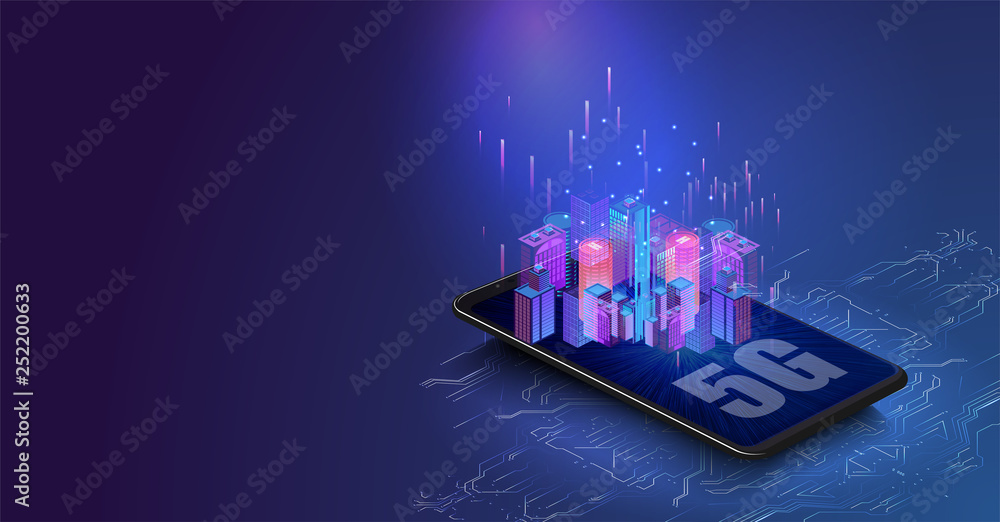 Aufkleber 5g new wireless internet wifi connection. smart city or intelligent building isometric vector concep