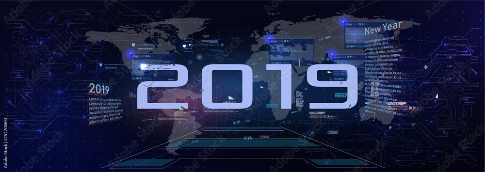 Aufkleber Modern futuristic template for 2019. New year 2019 in style HUD.Vector illustration for your design. Technology background. Futuristic user interface. HUD.
