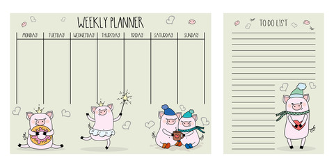 Weekly planner and to do list with cute pigs,adorable farm animals