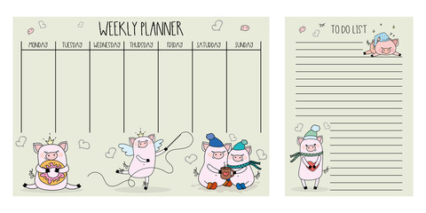 Weekly planner and to do list with cute pigs,