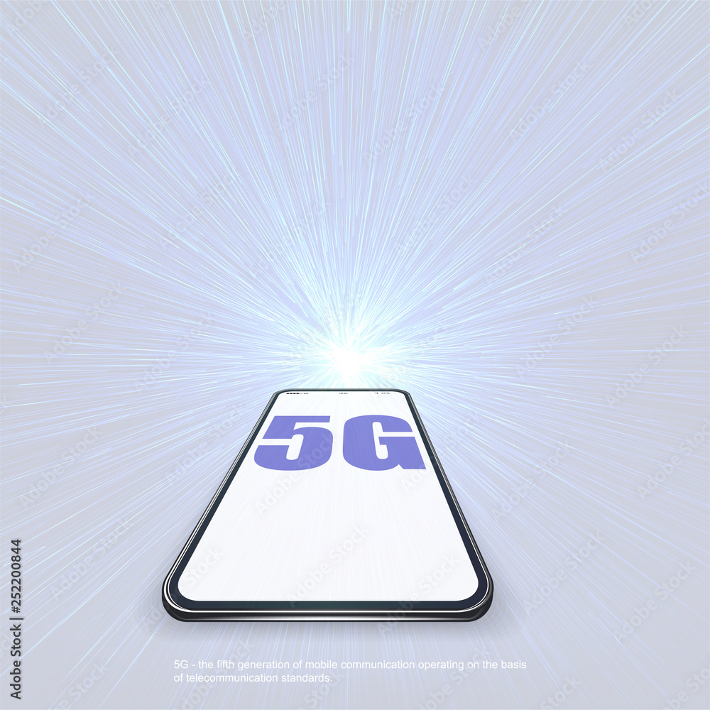 Poster 5G network wireless technology vector illustration. Wireless mobile telecommunication service concept. Marketing website landing template. Smartphone internet speed connection background