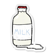 distressed sticker of a cartoon milk bottle