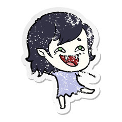 distressed sticker of a cartoon laughing vampire girl