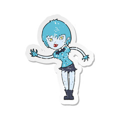 retro distressed sticker of a cartoon vampire girl welcoming