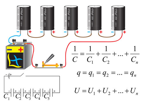 The electric circuit of a series connection of capacitors, physical formulas for calculation of parameters of the battery.