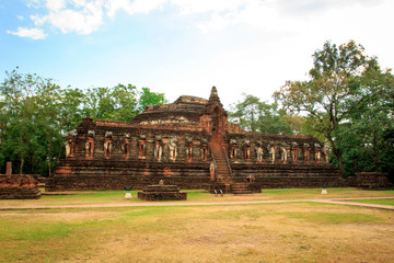 Ancient Pagoda at Wat Chang Rop temple in Kamphaeng Phet Historical Park In Thailand, Buddha statue, Old Town,Tourism, World Heritage Site, Civilization,UNESCO.