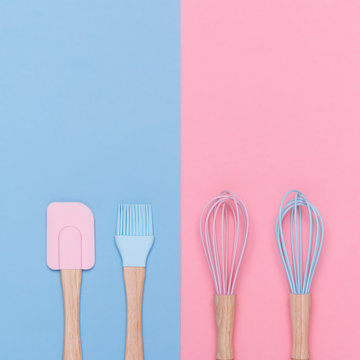 Multi-colored pastel kitchen whisk on pink background, cute kitchen utensils,  feminine cooking Stock Photo by sablyaekaterina