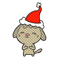 happy comic book style illustration of a dog wearing santa hat