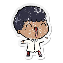 distressed sticker of a cartoon happy man