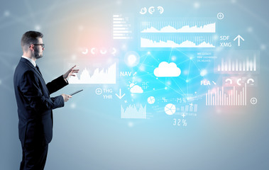 Adviser standing and presenting economical results and report of a multinational company

