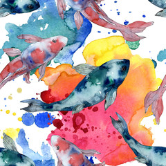 Spotted aquatic underwater colorful tropical fish set. Watercolor illustration set. Seamless background pattern.