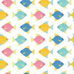 Small colorful fishes on white background. Abstract vector seamless pattern in flat style