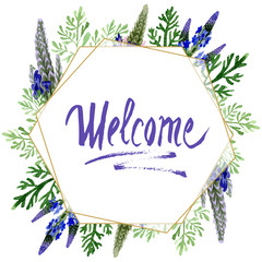 Blue violet lavender floral botanical flower. Watercolor background illustration set. Frame border...