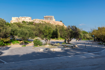 Beautiful view of the Acropolis hill with Parthenon from park, Athens, Greece.