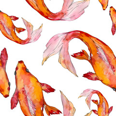 Ensemble de poissons rouges tropicaux colorés sous-marins aquatiques. Ensemble d& 39 illustrations de fond aquarelle. Motif de fond sans couture.