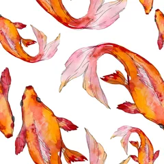 Fotobehang Goudvis Aquatische onderwater kleurrijke tropische goudvis set. Aquarel achtergrond afbeelding instellen. Naadloze achtergrondpatroon.