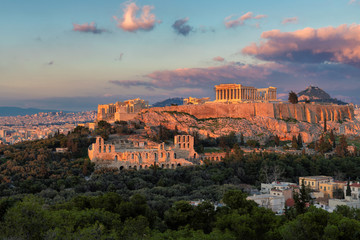 The Acropolis of Athens, with the Parthenon Temple at sunset, Athens, Greece.